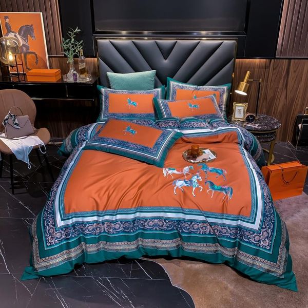 

bedding sets luxury orange/green 600tc egyptian cotton horse digital textiles cover set printing sheet home bed duvet pillowcases