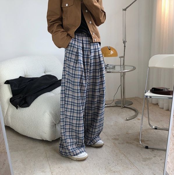 

new style for autumn winter chess high wide trousers loose indoor women l1sk, Black;white