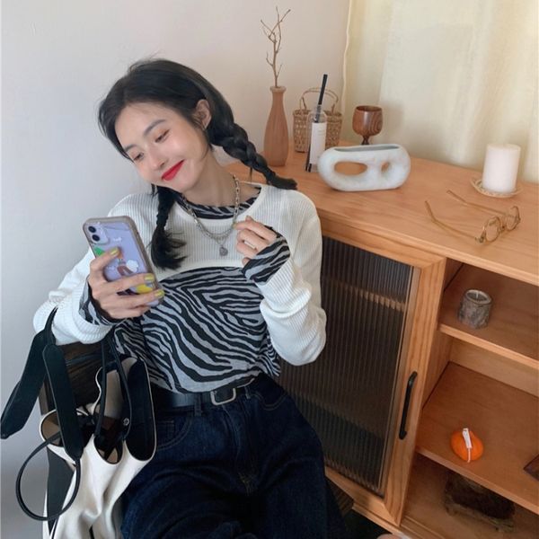 

ins hanfeng simple short long sleeve pullover pullovert-shirt pulloverpullover women short zebra print long sleeve t-shirt women slty9 slty9, White;black