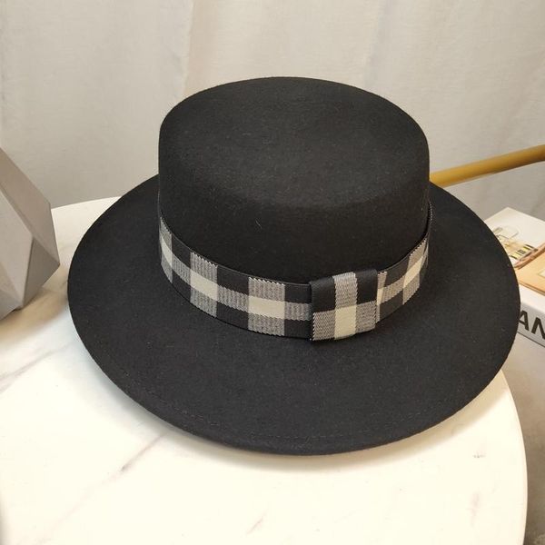 

2021 fashion versatile high end simple Plaid solid color 100% Australian imported wool flat top hat for men and women, Blue;gray