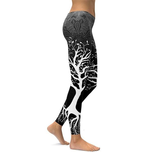 

casual tree print leggings women high waist work out legging plus size leggins mujer womens clothing fitness activewear pants, Black