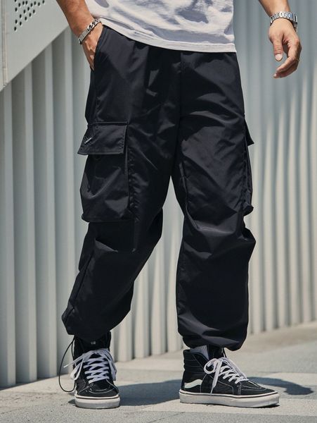

men flap pocket drawstring waist cargo pants c1eq#, Black