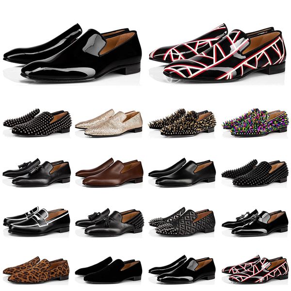 

new fashion mens loafers shoes red bottoms triple black suede patent leather rivets slip on loafer dress wedding shoe for business party