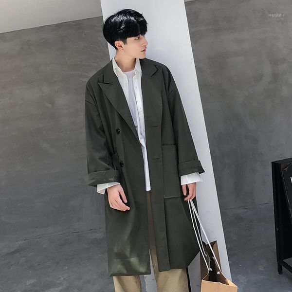 

2020 spring men's fashion korean style men trench mid-long windbreaker loose casual coats solid color overcoat -2xl1, Tan;black