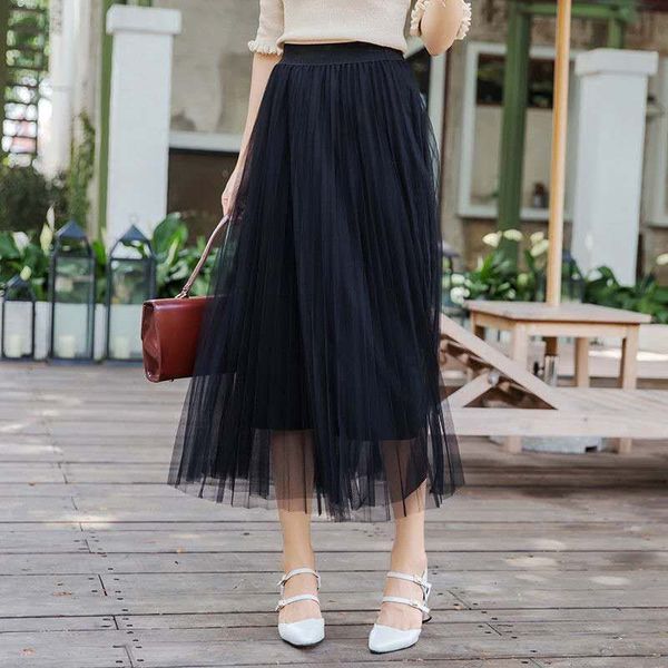 

new womens high waist lace mesh female sweet solid colors a-line skirts pleated skirt casual jupe femme saias outwear 2021 stwl, Black