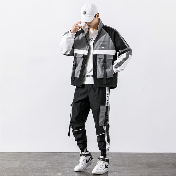 

techwear clothes hip hop trousers jacket suits harajuku streetwear joggers trousers set fashion men's sportswear men tracksuit 220819, Gray
