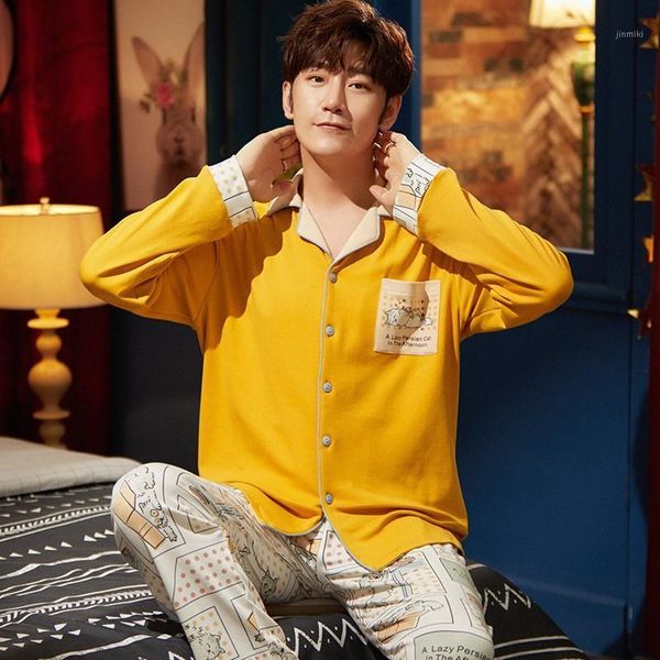 

cotton men printed shirt&pants home wear oversized pajamas suit loose pyjamas autumn new sleepwear male negligee sets1, Black;brown