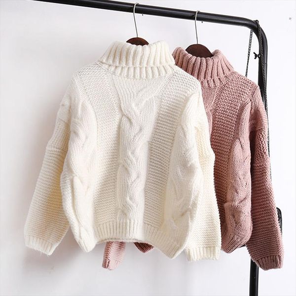 

winter women sweater female pullover new fashion casual loose bat sleeve thick warm turtleneck twist basic short sweaters, White;black