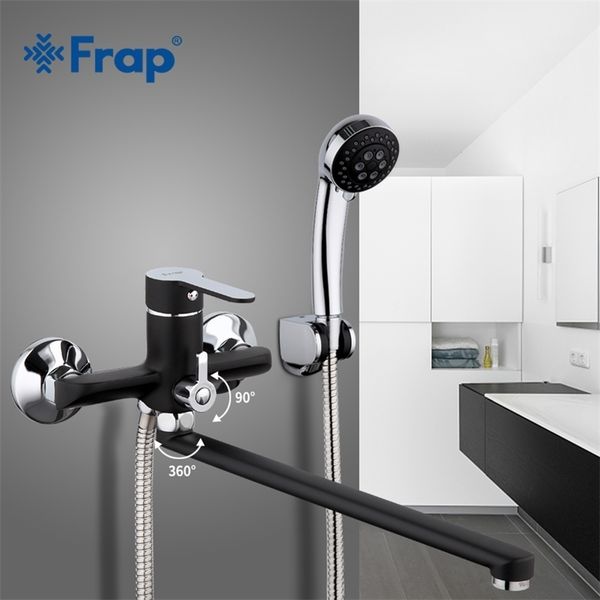 Frap neue Badezimmer Duscharmaturen Set schwarz Badewanne Mischbatterie Wand montiert Wasserfall Badewanne Wasserhahn mit Handbrause F2242 LJ201212