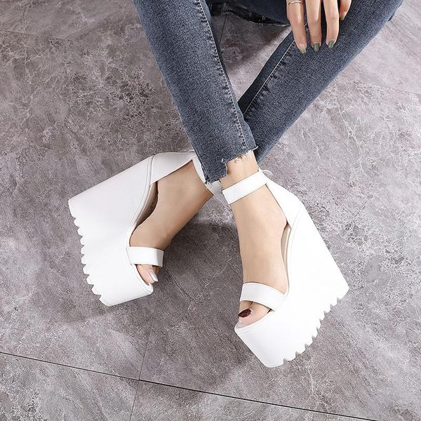 

sandals 16cm white wedge heel summer thick platform dance shoes t-stage night club super high women's, Black