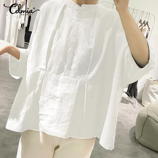 

fashion sleeve shirts 2020 celmia women vintage cotton linen blouses casual loose buttons solid blusas plus size y200623, White