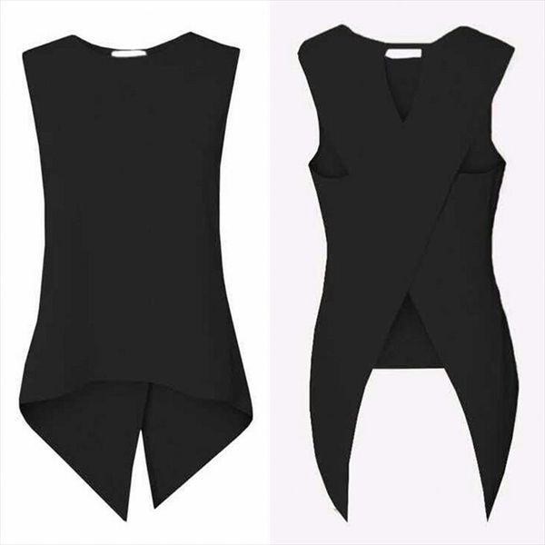 

new summer women t shirt fashion sleeveless back cross irregular t shirt female tees black, White