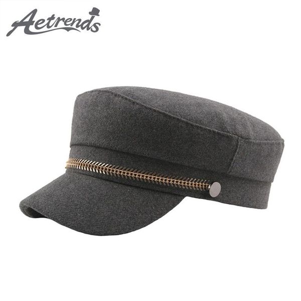 

wide brim hats [aetrends] fashion gold chain woolen feel for women men cap flat army caps z-6840, Blue;gray