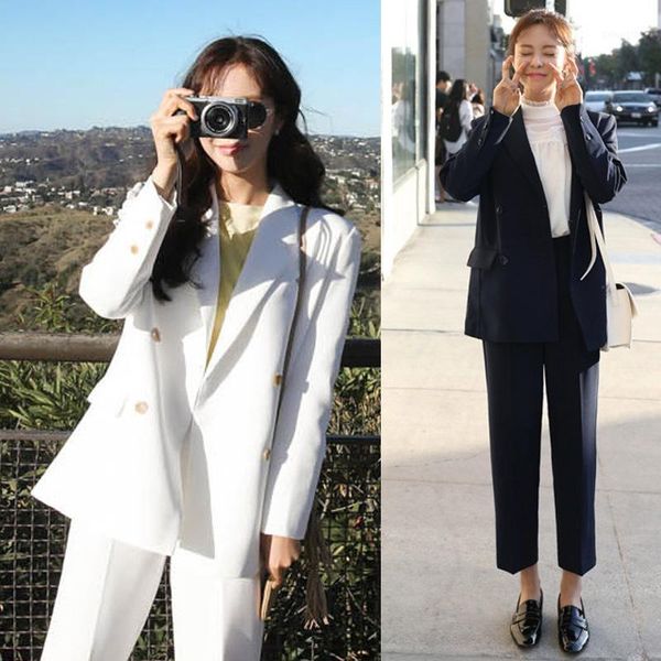 

2020 spring dress new large size women's suit double row buckle straight breeches suit professional1, White;black