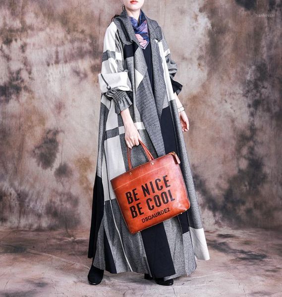 

autumn/winter new vintage wool plaid trench coat women loose turn-down collar full sleeve open stitch trench windbreaker1, Tan;black