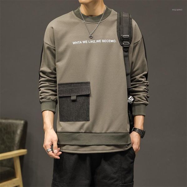 

fall men fashion round neck polyester sweatshirts letter print pocket design threaded cuffs hoodies loose casual male pullover1, Black