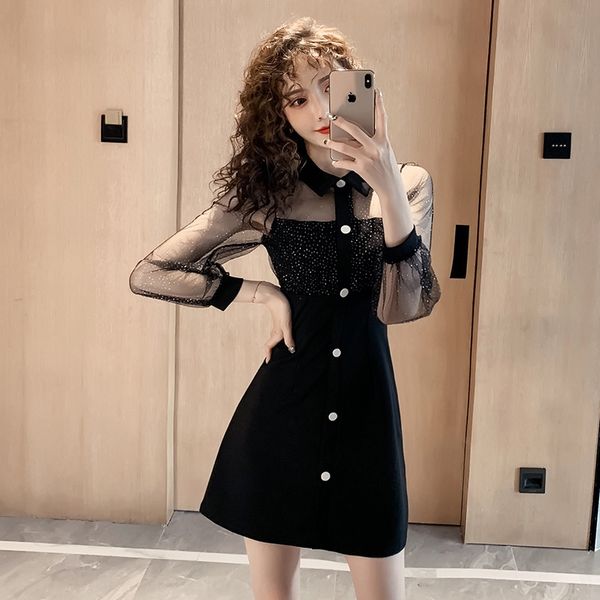 

autumn and winter women's winter women's fashion 2020 children's hepburn style small black dress temperament lapel dress a-li, Black;gray