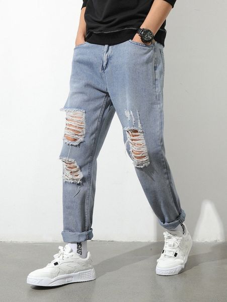 

men ripped bleach wash jeans 40w8#, Blue