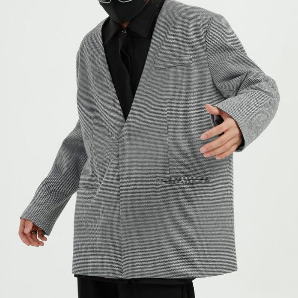 

male streetwear hip hop loose plaid suit jacket outerwear men vintage houndstooth v-neck casual suit blazers coat1, White;black