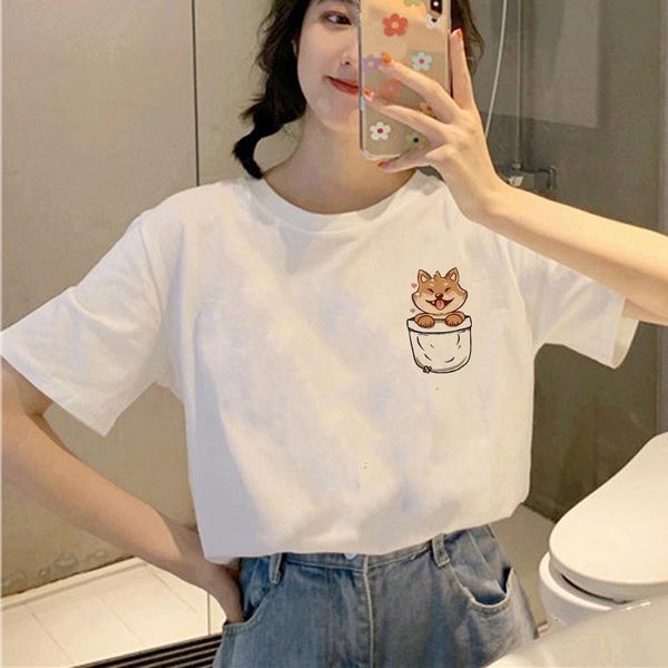 

women clothing pocket t-shirts puppy corgi happy streetwear funny smile cartoon cute o-neck casual short sleeve, White