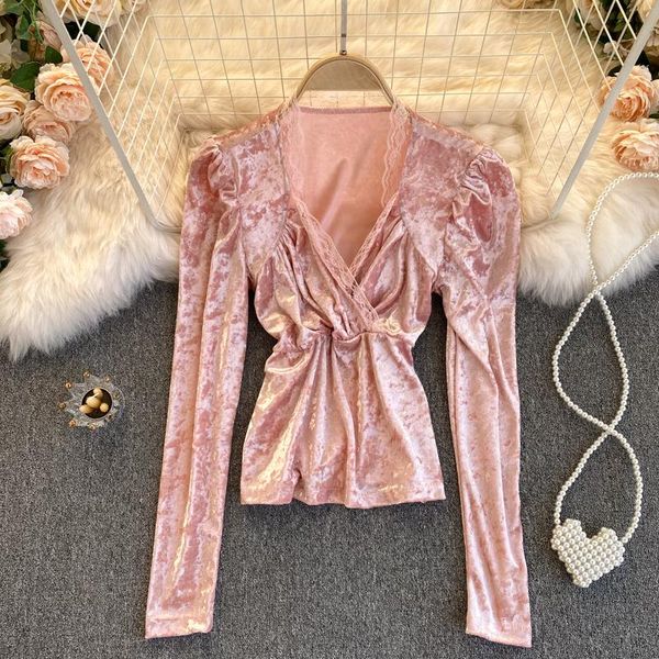 

women's blouses & shirts autumn sweet lace patchwork blouse women vintage v-neck long sleeve velvet female casual party fashion blusas, White