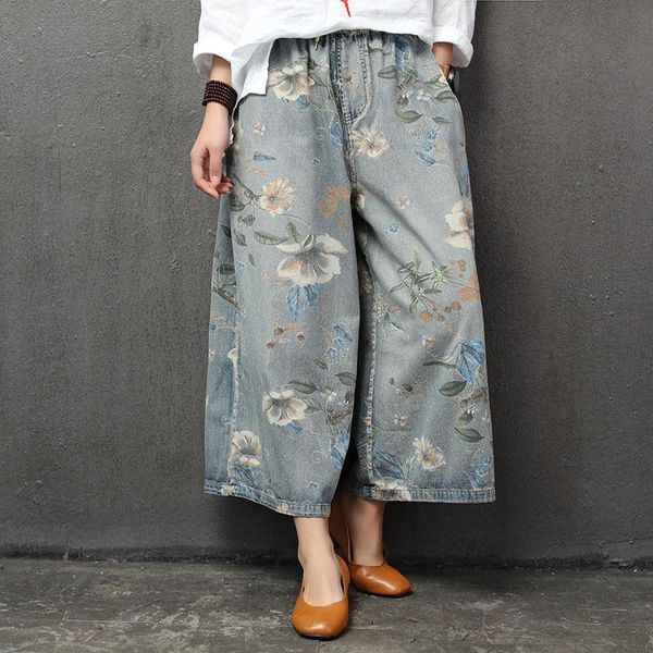

woman plus size wide leg pants 2019 summer female elastic high waist floral print vintage casual loose jeans ankle-length pants, Blue