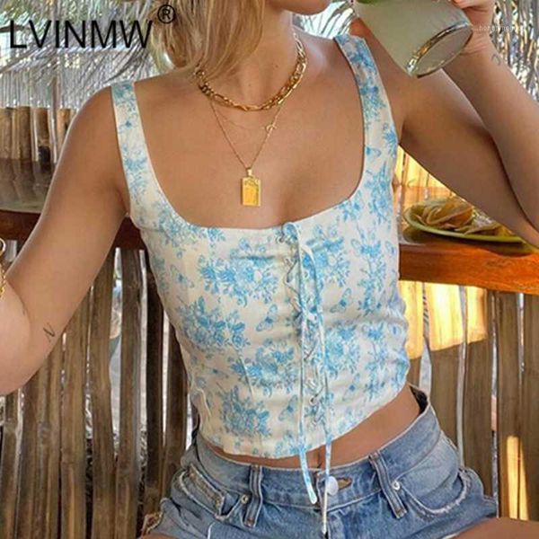 

lvinmw front cross drawstring slash neck bandage floral print crop 2020 summer women fresh casual slim camis streetwear1, White