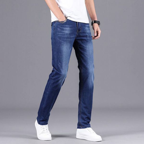 

young men's summer ultra thin 2020 stretch jeans men's straight loose business casual men's pants, Blue