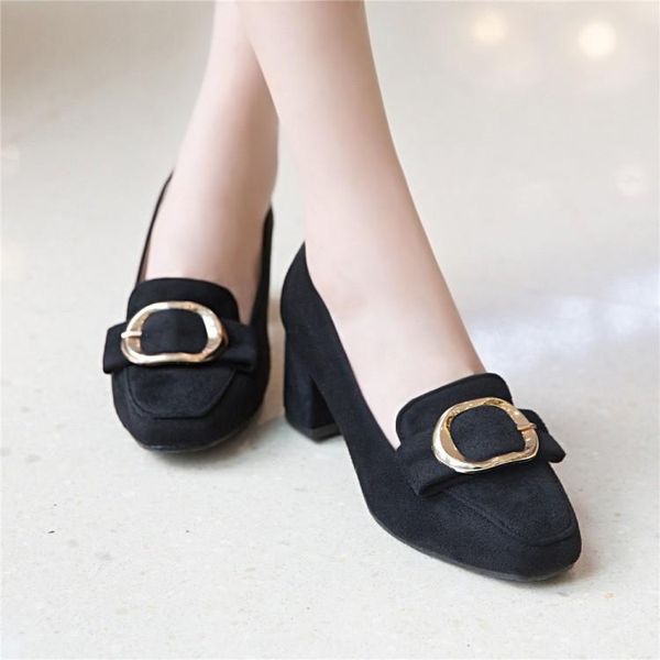 

dress shoes big size 9  11 12 ladies high heels women woman pumps square-headed metal buckle single shoe, Black