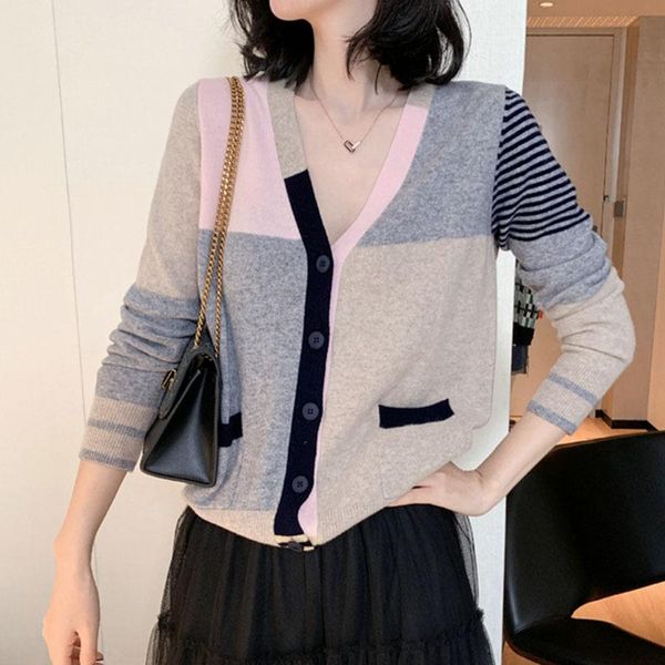 

fashion colorblock v neck women's sweater 2020 autumn new korean loose casual knitted cardigan winter ladies thin jacket, White