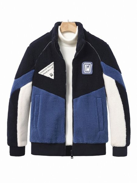

men letter patched colorblock fleece jacket k8fi#, Black;brown