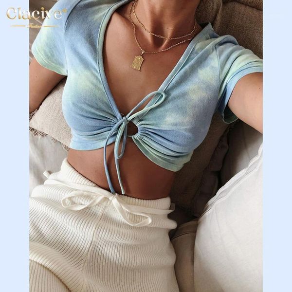 

clacive lace-up tiedye t-shirt short sleeve v neck women 2020 summer new women's clothing1, White