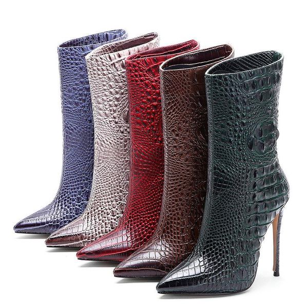 

boots 2021 brand women fashion super high heels ankle crocodile skin autumn pointed toe winter female calf, Black