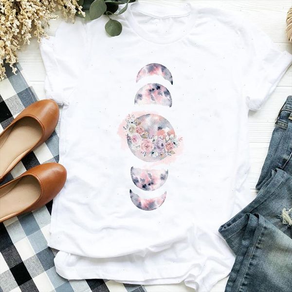 

moon space striped print t shirt women short sleeve o neck loose tshirt women tee shirt female clothes camisetas mujer, White