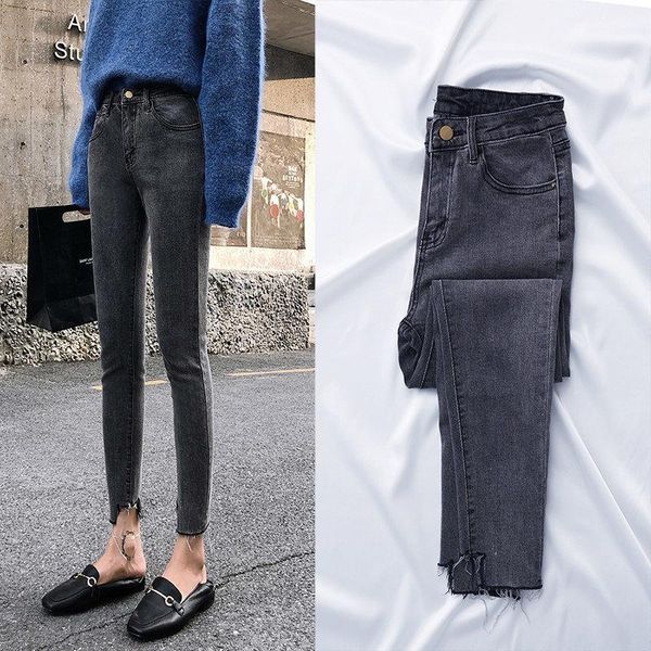 

smoke-grey jeans women's 2020 new spring high-waisted pants schoolgirl show thin tight pants nine points, Blue