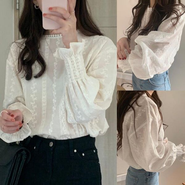 

women mesh blouse 2021 fashion ruffle solid shirt long sleeve lantern sleeve floral white lace o neck casual shirts women