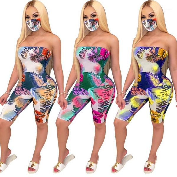 

leaves pattern printing women summer jumpsuits strapless sleeveless skinny rompers shorts one piece outfits 2020 new1, Black;white