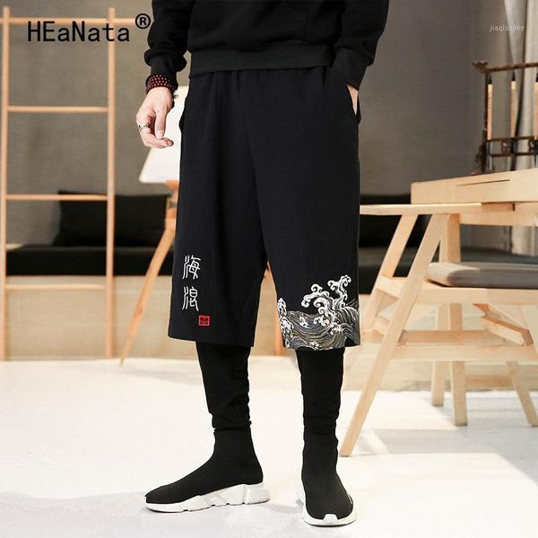 

mens summer fake two pieces pants trousers male casual hiphop jogger pants cotton man cotton linen 20191, Black