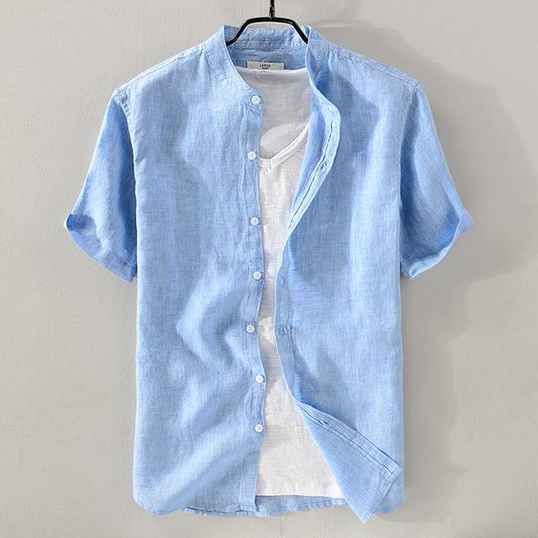 

2021 new men's summer cotton short sleeve shirt stand collar white men shirts linen solid fashion mens shirt brand camisa, White;black