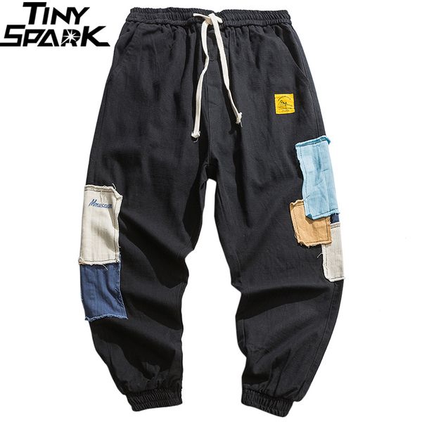 

men joggers pants streetwear hip cargo color block patches track pants autunm harem trousers sweatpants, Black