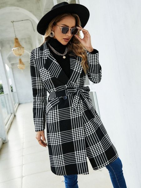 

plaid pattern lapel neck double button belted overcoat q86z#, Black
