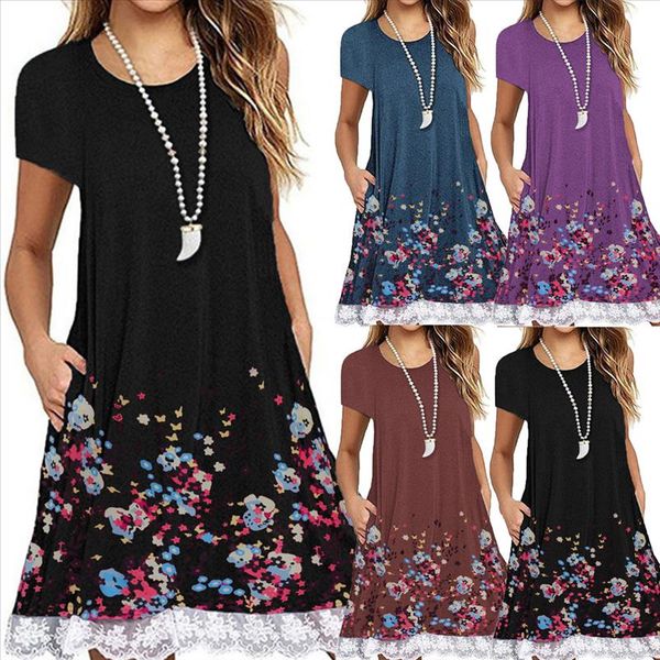 

женщины o вырека повседневные печатные карманные кружева с коротким рукавом мини платье свободно вечеринка dressladies повседневная кружевна, Black;gray