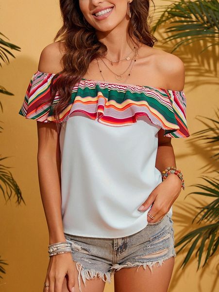 

colorful striped off shoulder ruffle trim blouse v9nf#, White