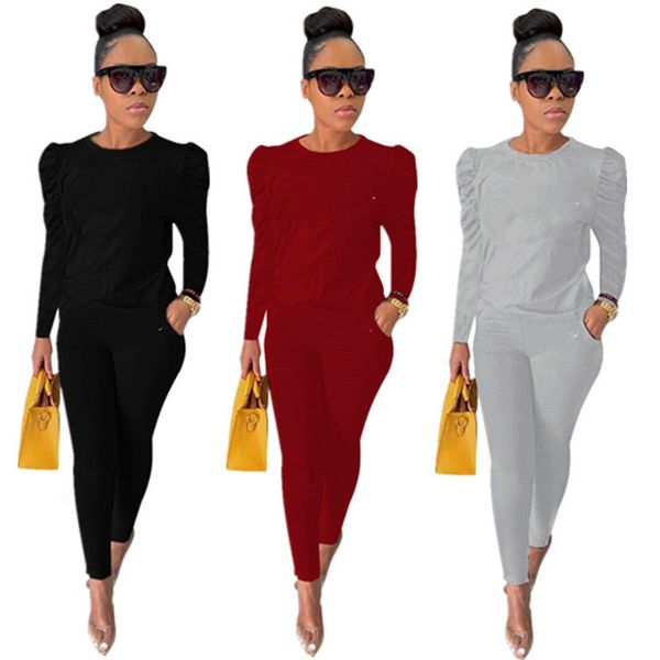 

women casual tracksuit letter print 2 piece set puff sleeve hoodiesleggings fall winter clothing solid color jogger suit slim outfit 4395, White