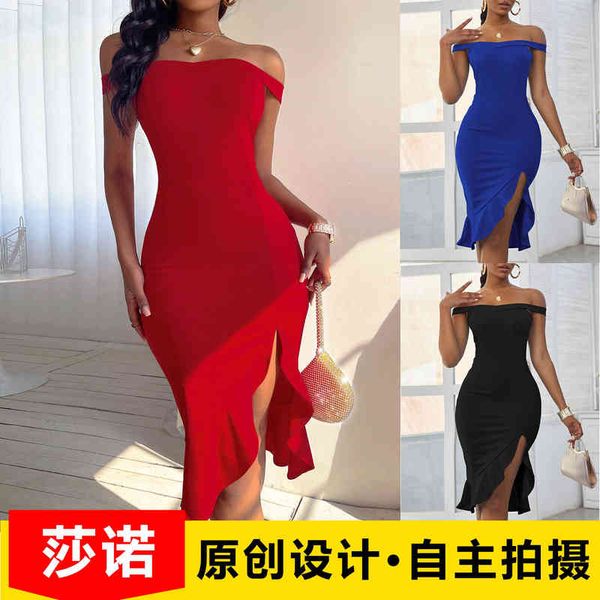 

casual dresses spring and summer 2022 line neck skirt women's fashion split evening dresses, Black;gray