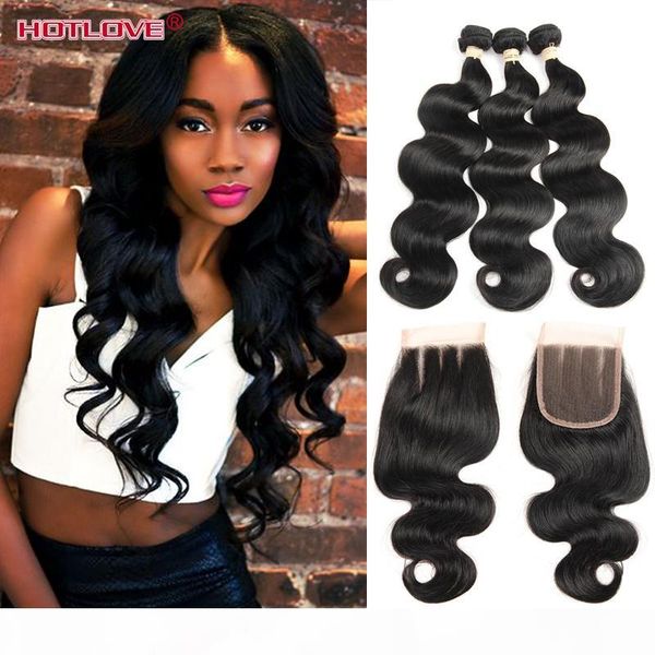 

hotlove body wave 3 bundle волос с кружевом закрытие с ребенком волос бразильское virgin отложенной человеческих волос хорошего качества, Black;brown