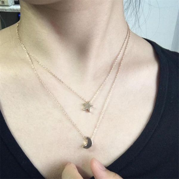 

chains 1pcs multi layered necklace for women vintage star moon pendant geometric collier collares, Silver