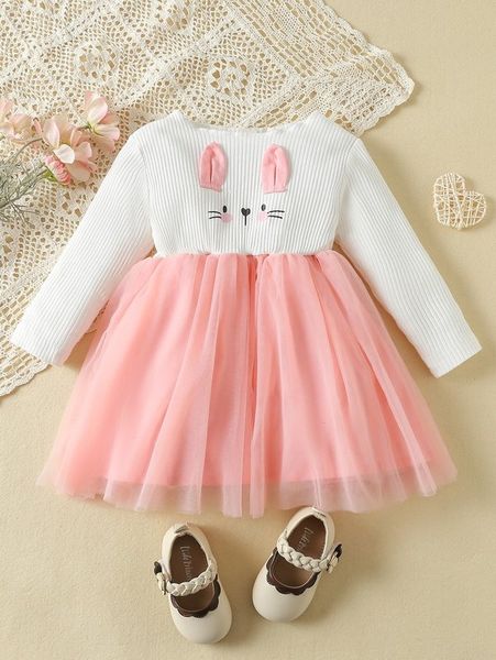 

baby cartoon graphic 3d ears design mesh hem dress she, Red;yellow