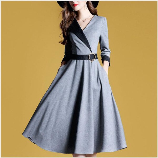 

casual dresses women swing autumn 2021 elegant v neck waist belt pleated party office lady work dress midi vestido grey, Black;gray