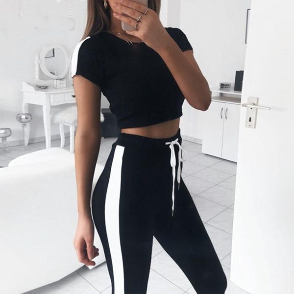 

tracksuit two piece set sportswear casual women suit 2018 summer autumn women's 2 piece set crop and pants ws9711v1, White